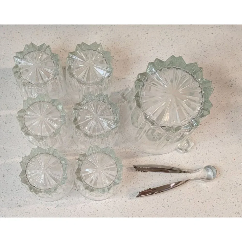 Clear Glass Ice Bucket Set 6 Glasses Italy-Made Tongs
